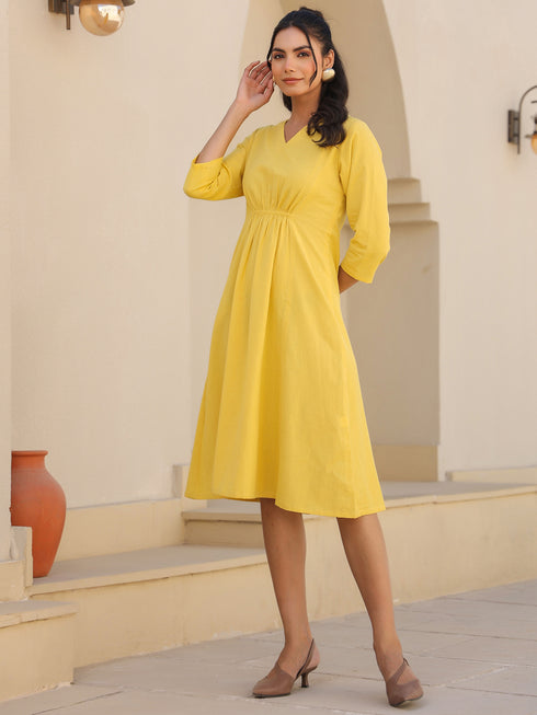 Yellow Cotton Solid A-line Dress