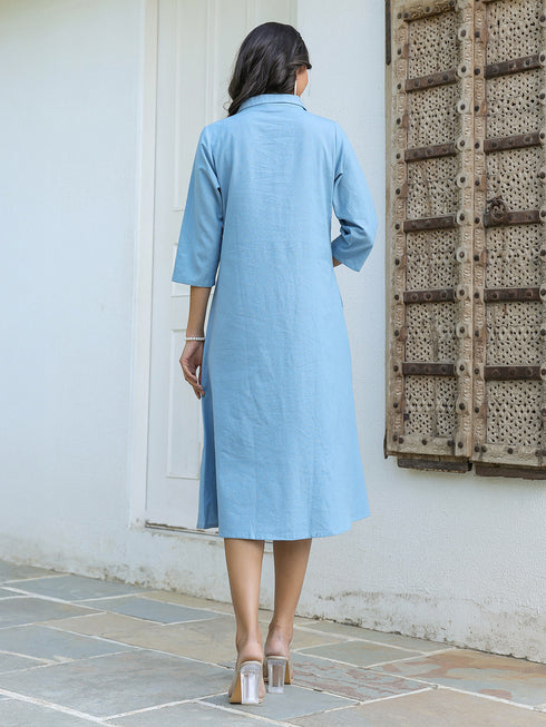 Light Blue Cotton Solid Button Down Shirt Style A-line Dress