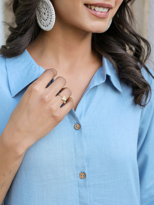 Light Blue Cotton Solid Button Down Shirt Style A-line Dress