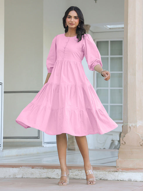 Light Pink Pure Cotton Solid Tiered Dress