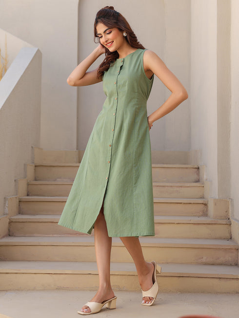 Green Cotton Solid A-line Dress