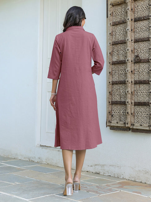 Mauve Cotton Solid A-line Dress