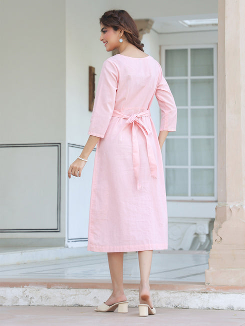 Pink Cotton Solid A-line Dress