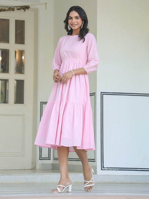 Light Pink Pure Cotton Solid Tiered Dress