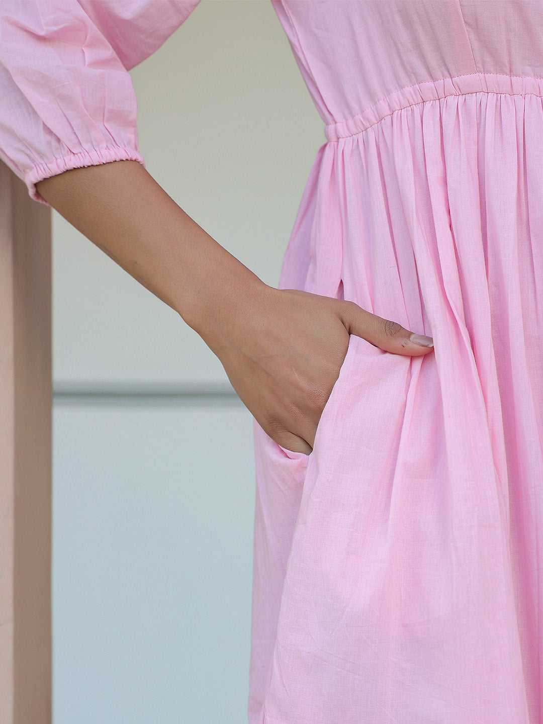 Light Pink Pure Cotton Solid Tiered Dress