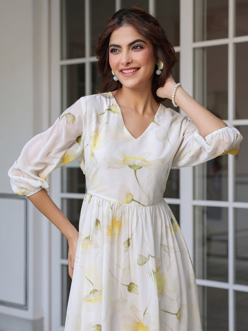 White Georgette Floral Printed Tiered Dress