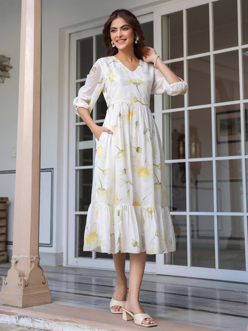 White Georgette Floral Printed Tiered Dress