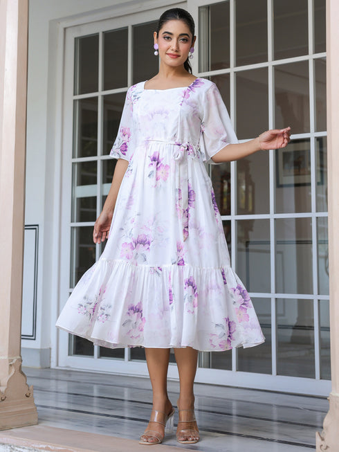 White Georgette Floral Printed Fit & Flare Dress