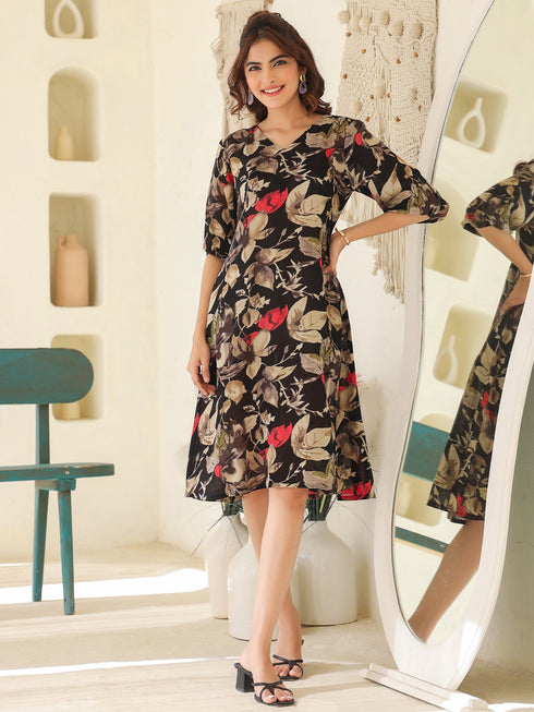 Black Rayon Floral Printed A-line Dress