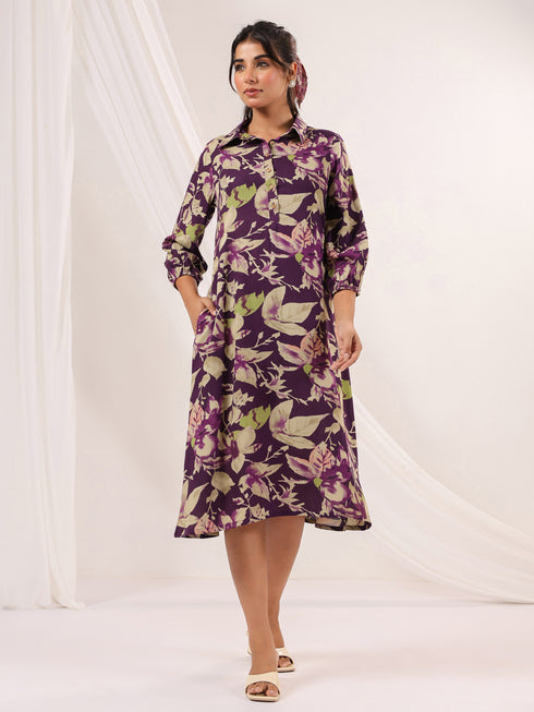 Janasya Women's Purple Rayon Floral Printed A-line Dress