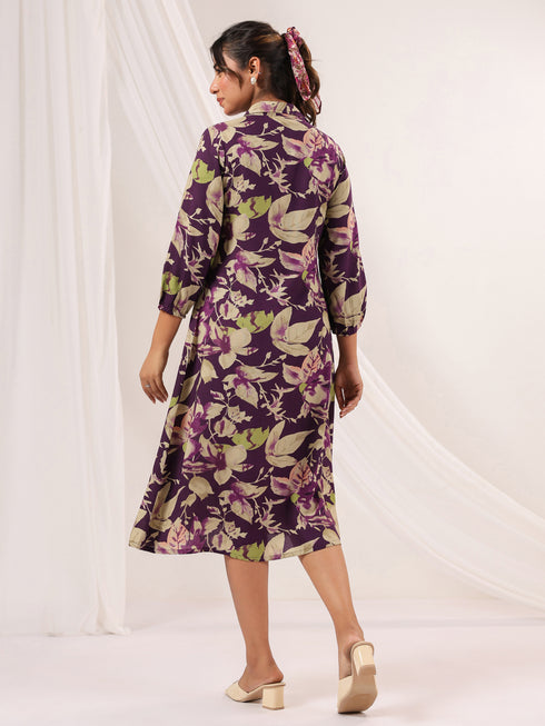 Janasya Women's Purple Rayon Floral Printed A-line Dress
