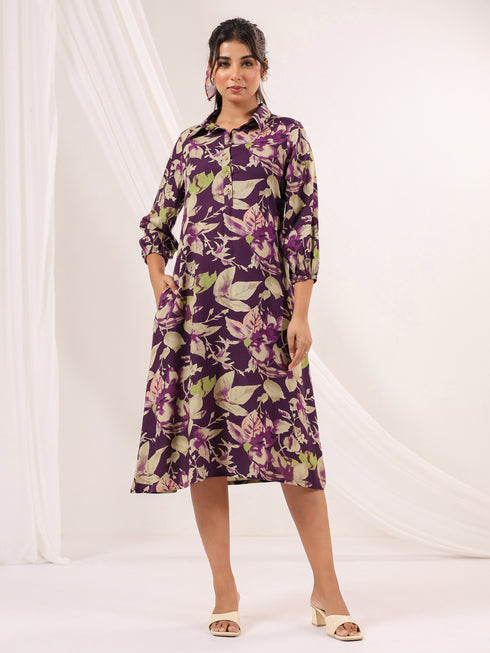 Janasya Women's Purple Rayon Floral Printed A-line Dress