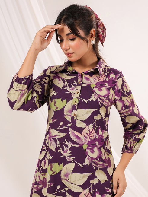 Janasya Women's Purple Rayon Floral Printed A-line Dress