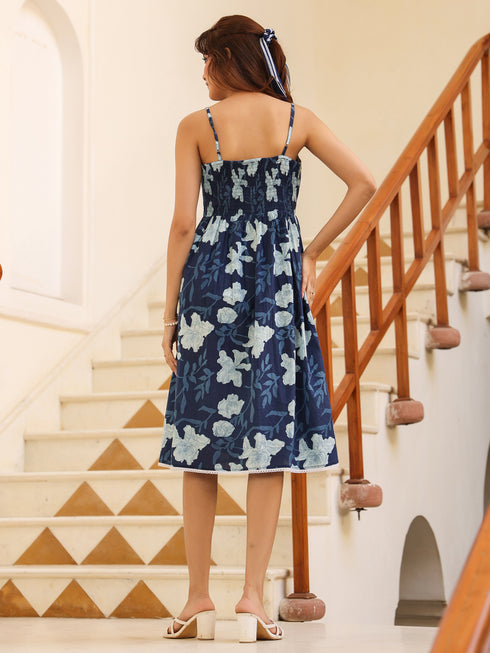 Indigo Pure Cotton Floral Printed Fit & Flare Dress