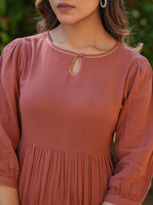 Rust Pure Cotton Solid Gathered Dress