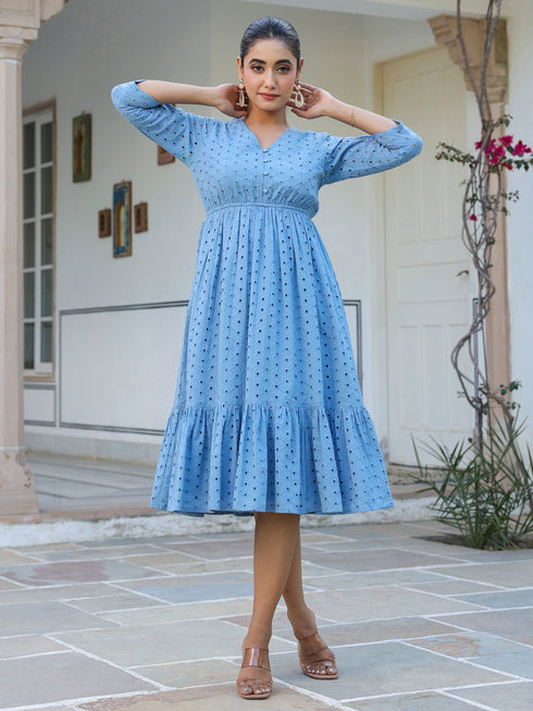 Janasya Women's Blue Pure Cotton Schiffli Fit & Flare Dress