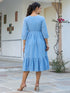 Janasya Women's Blue Pure Cotton Schiffli Fit & Flare Dress