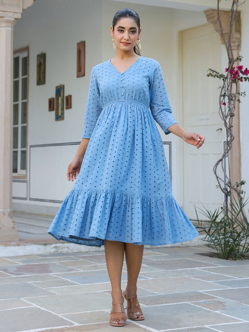 Janasya Women's Blue Pure Cotton Schiffli Fit & Flare Dress