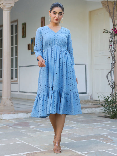 Janasya Women's Blue Pure Cotton Schiffli Fit & Flare Dress