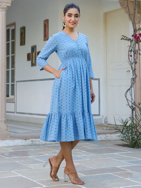 Janasya Women's Blue Pure Cotton Schiffli Fit & Flare Dress