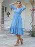 Janasya Women's Blue Pure Cotton Schiffli Fit & Flare Dress