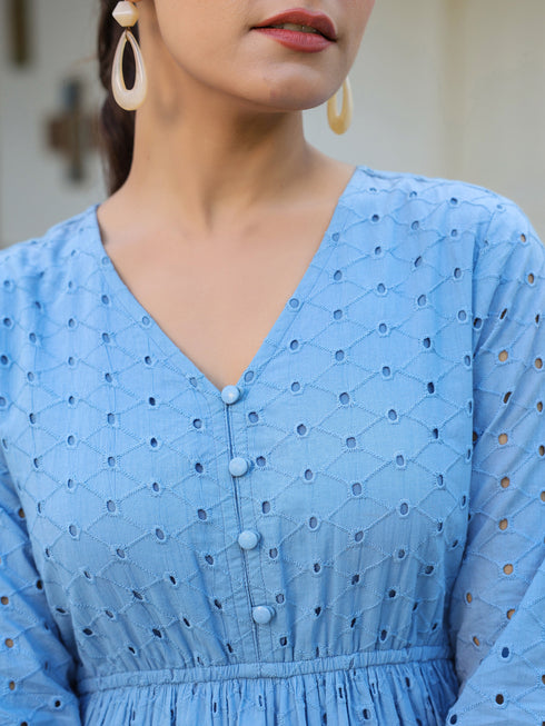 Janasya Women's Blue Pure Cotton Schiffli Fit & Flare Dress