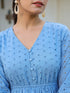 Janasya Women's Blue Pure Cotton Schiffli Fit & Flare Dress