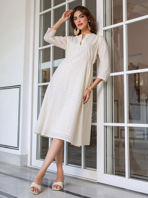 Off White Pure Cotton Schiffli A-line Dress