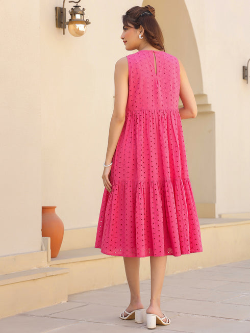 Pink Pure Cotton Schiffli Fit & Flare Dress