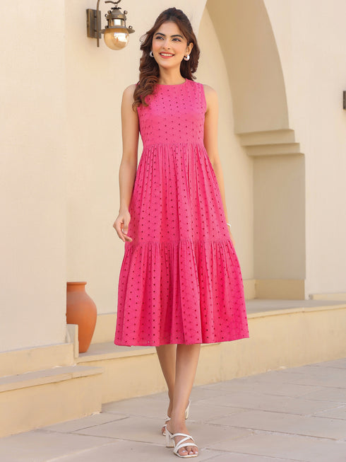 Pink Pure Cotton Schiffli Fit & Flare Dress