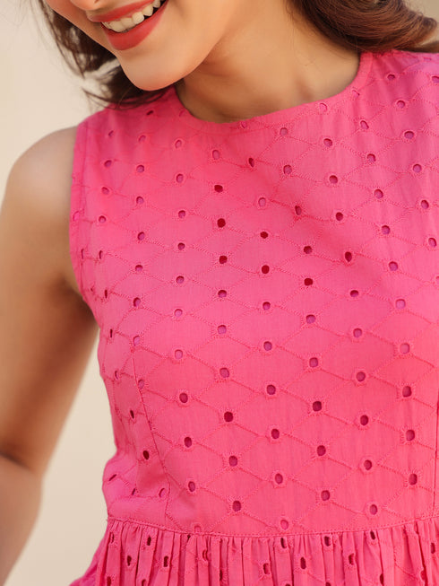 Pink Pure Cotton Schiffli Fit & Flare Dress