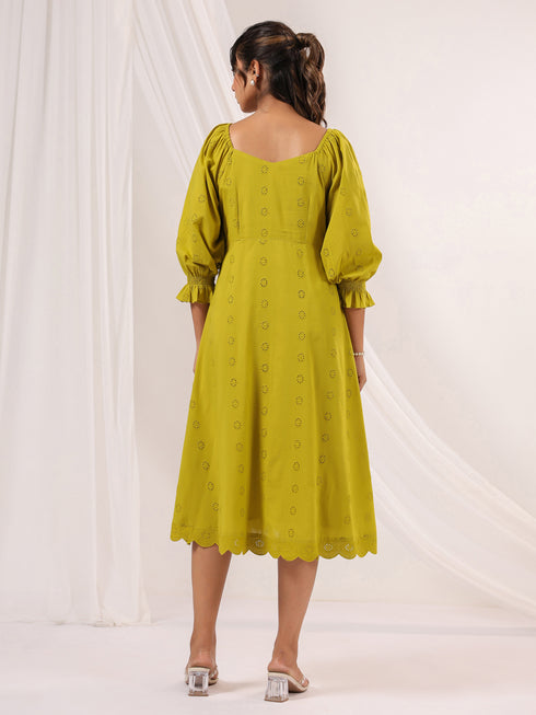 Janasya Women's Lime Green Pure Cotton Schiffli A-line Dress