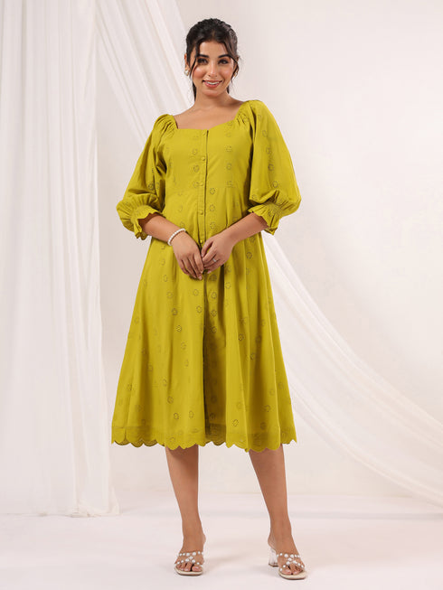 Janasya Women's Lime Green Pure Cotton Schiffli A-line Dress