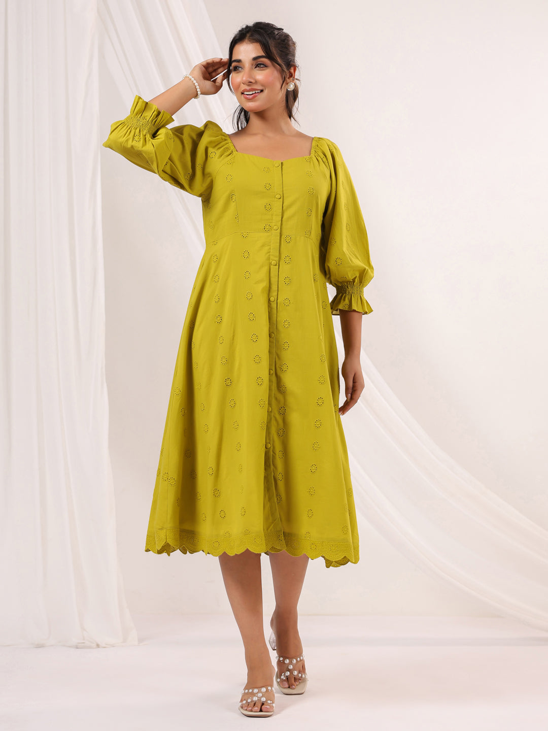 Janasya Women's Lime Green Pure Cotton Schiffli A-line Dress