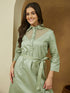 Janasya Women's Sage Green Cotton Embellished A-line Tie-up Dress