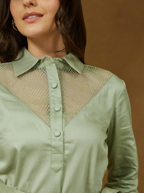 Janasya Women's Sage Green Cotton Embellished A-line Tie-up Dress