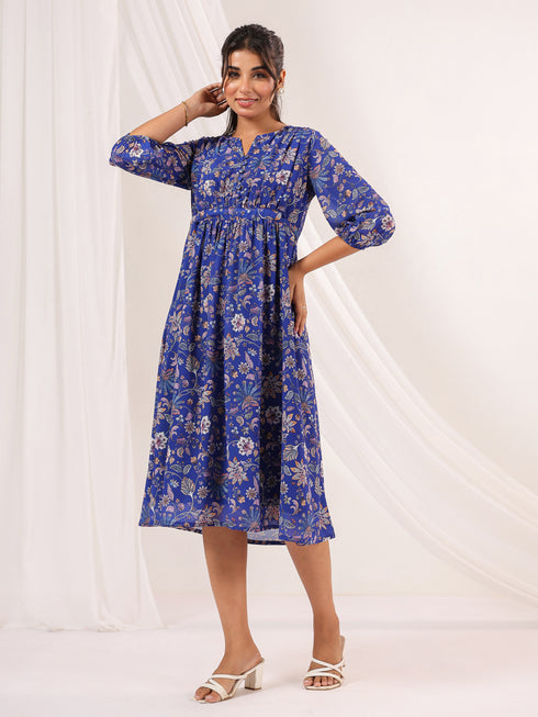 Janasya Women's Blue Georgette Floral Printed A-line Dress
