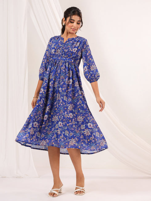 Janasya Women's Blue Georgette Floral Printed A-line Dress