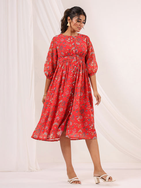 Janasya Women's Red Georgette Floral Printed Gathered Dress