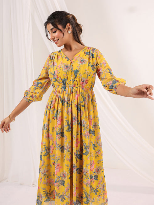 Janasya Women's Yellow Georgette Floral Printed A-line Dress
