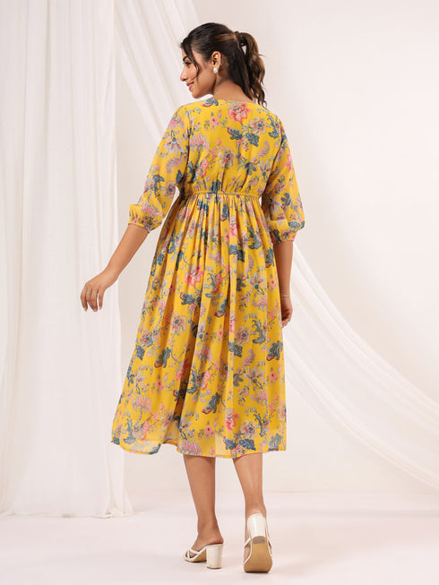 Janasya Women's Yellow Georgette Floral Printed A-line Dress