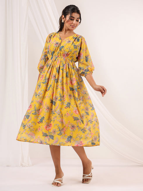 Janasya Women's Yellow Georgette Floral Printed A-line Dress