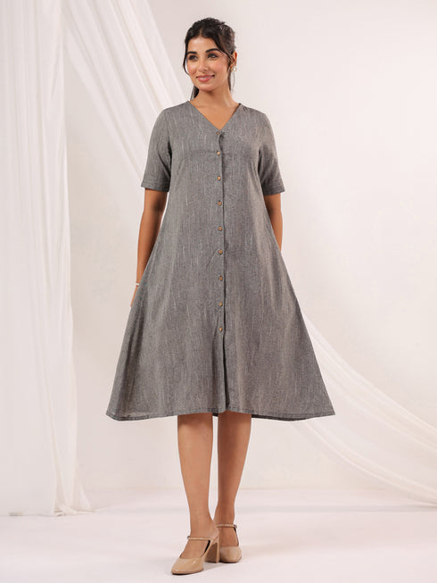 Janasya Women's Dark Grey Cotton Solid A-line Button Down Dress