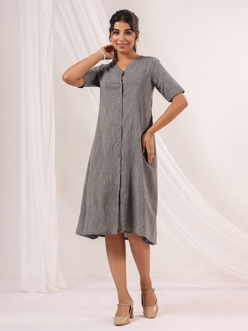 Janasya Women's Dark Grey Cotton Solid A-line Button Down Dress
