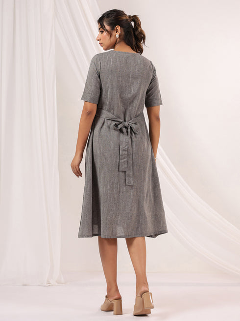 Janasya Women's Dark Grey Cotton Solid A-line Button Down Dress