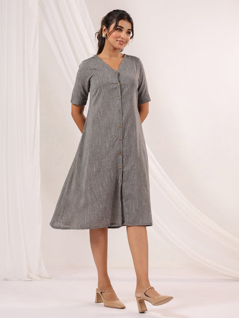 Janasya Women's Dark Grey Cotton Solid A-line Button Down Dress
