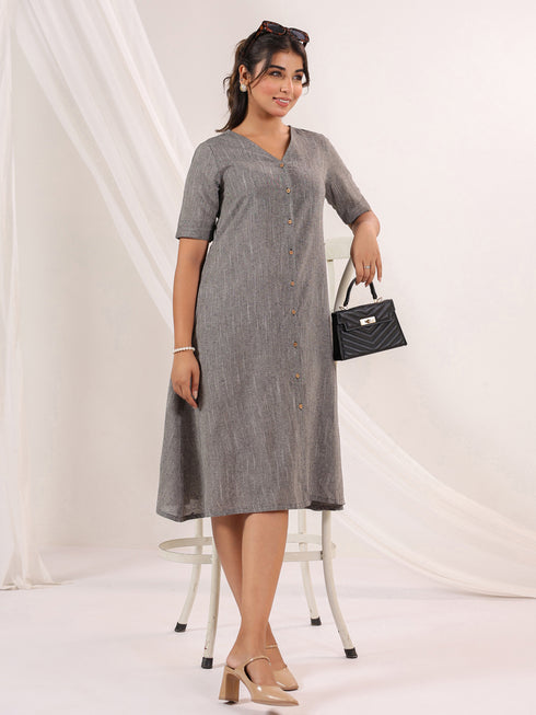 Janasya Women's Dark Grey Cotton Solid A-line Button Down Dress
