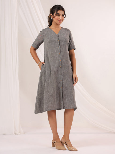 Janasya Women's Dark Grey Cotton Solid A-line Button Down Dress