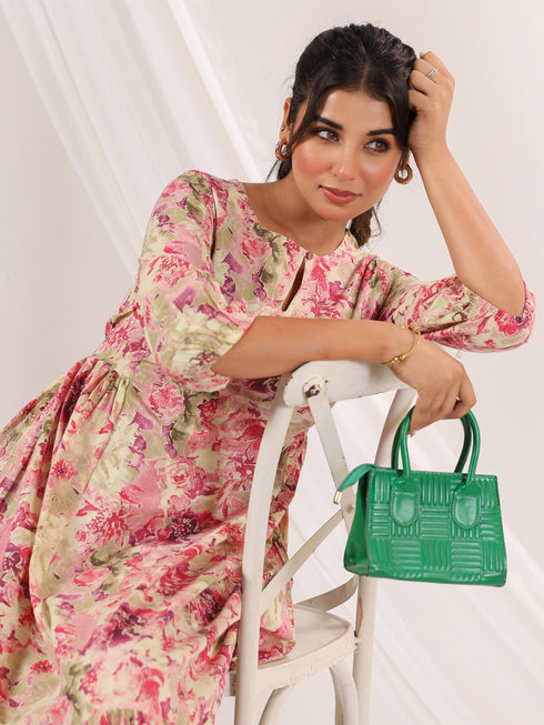 Janasya Women's Pink Pure Cotton Floral Printed A-line Dress