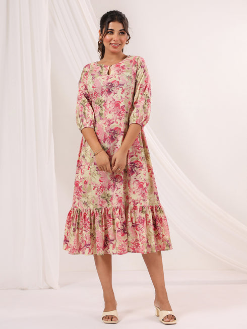 Janasya Women's Pink Pure Cotton Floral Printed A-line Dress